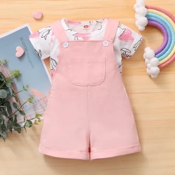 【6M-2.5Y】Cute Cartoon Printed T-shirt And Pink Overalls Set - Popopiestyle.com 