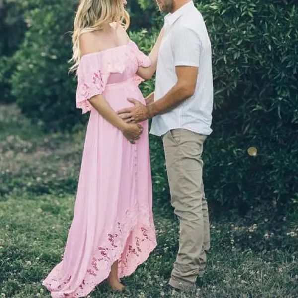 Maternity Solid  Lace Off Shoulder Photoshoot Dress 