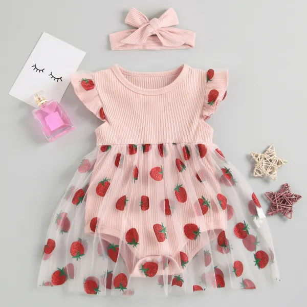 【3M-24M】Cute Strawberry Print Mesh Pink Romper - Popopiestyle.com 