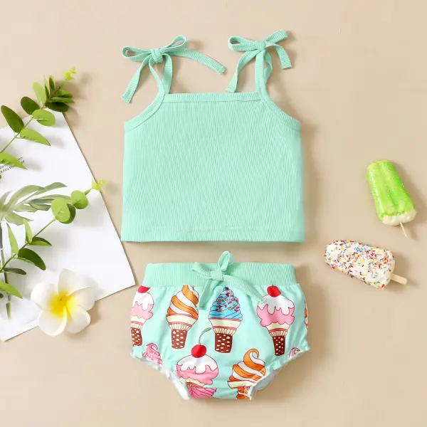 【18M-5Y】Cute Green Top and Ice Cream Print Set - Popopiestyle.com 