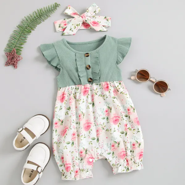 【3M-24M】Cute Floral Print Green Romper - Popopiestyle.com 