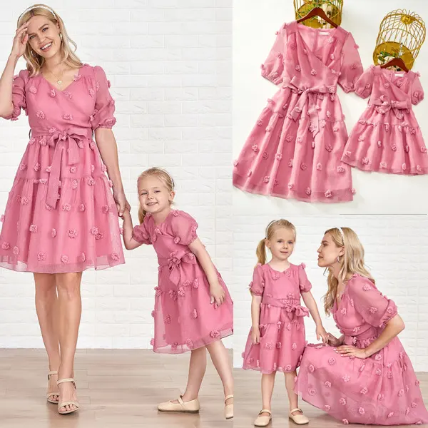 Sweet Pink Chiffon Jacquard Short Sleeve Mom Girl Matching Dress - Lukalula.com 