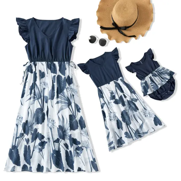 Sweet Navy Blue Leaf Pattern Mom Girl Matching Dress - Popopiestyle.com 