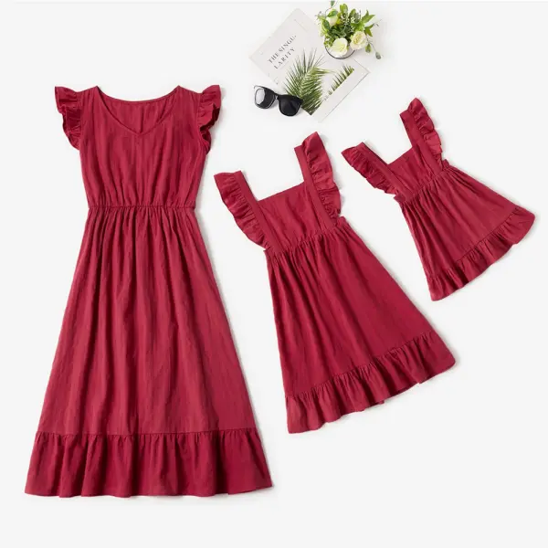 Sweet Wine Red Ruffled Mom Girl Matching Dress - Popopiestyle.com 