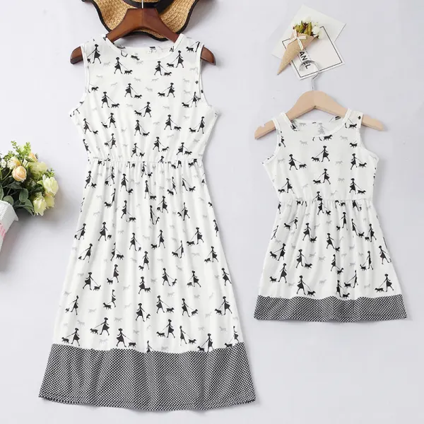 Sweet White Cartoon Pattern Sleeveless Mom Girl Matching Dress - Popopiestyle.com 