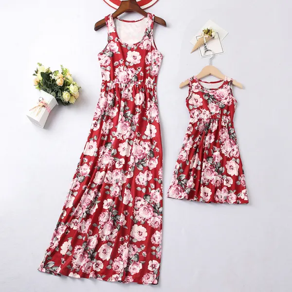 Sweet Red Flowers Sleeveless Mom Girl Matching Dress - Popopiestyle.com 