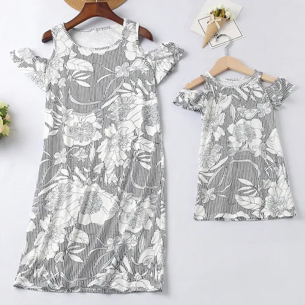 Sweet Grey Flower Stripes Mom Girl Matching Dress - Popopiestyle.com 