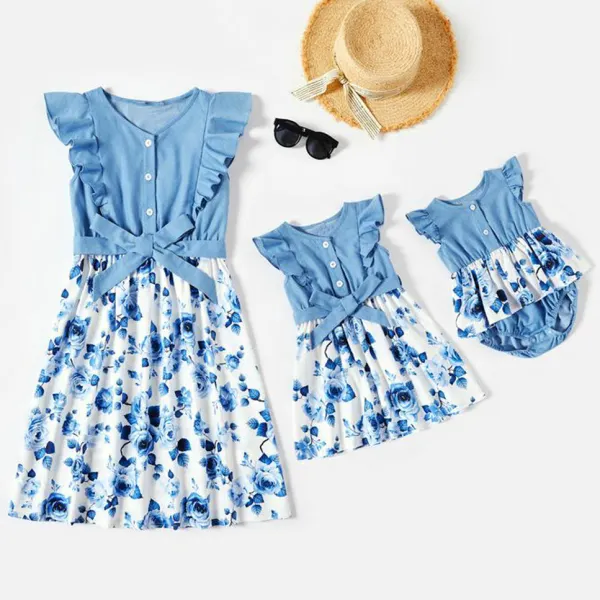 Sweet Blue Flowers Denim Stitching Mom Girl Matching Dress - Popopiestyle.com 