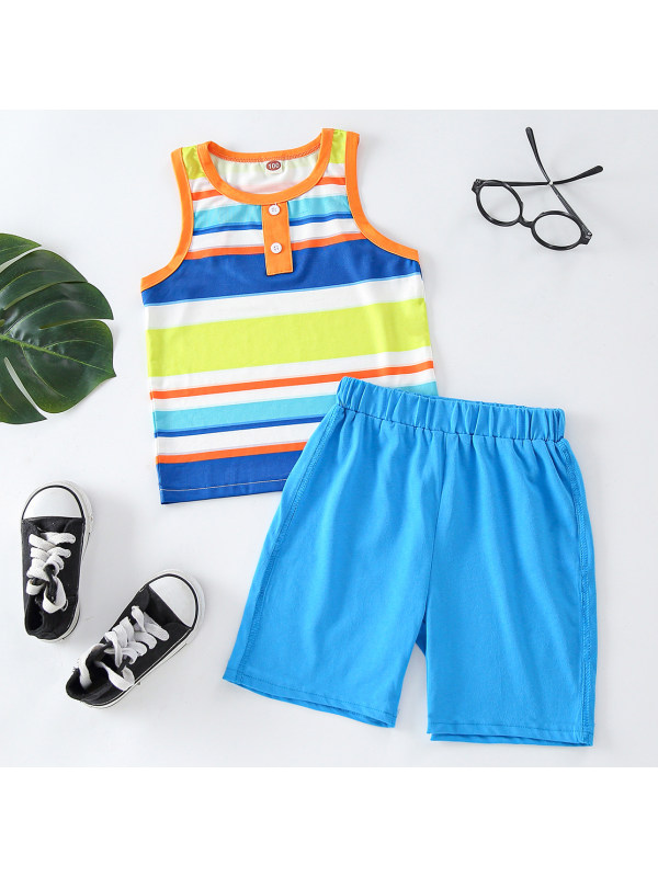 【18M-7Y】Casual Colored Striped Vest and Blue Shorts Set