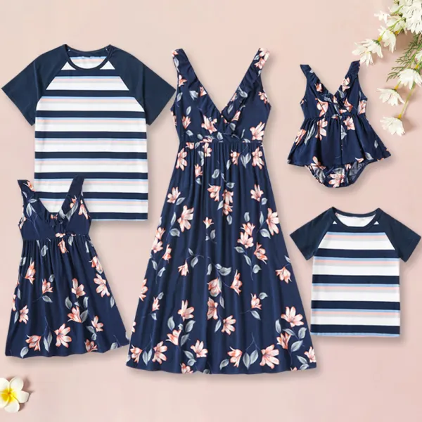 Fashion Casual Striped and Floral Printed T-shirt and Dress Family Matching Outfits - Popopiestyle.com 