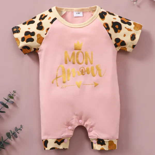 【0M-18M】Cute Leopard Print and Letter Print Round Neck Short Sleeve Romper - Popopiestyle.com 