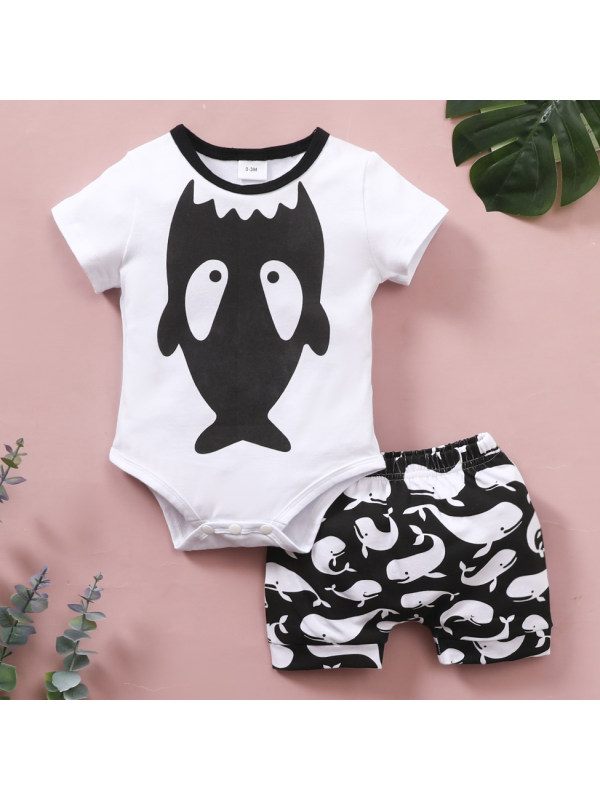 【0M-18M】Cute Cartoon Shark Print T-shirt and Shorts Set