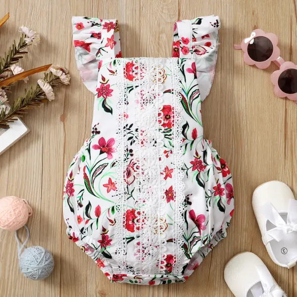 【0M-18M】Sweet Lace Red Flowers Little Flying Sleeve Romper - Popopiestyle.com 