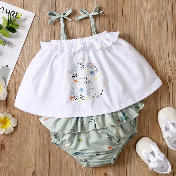 【0M-18M】Cute Cartoon Print Sling Top and Green Shorts Suit - Popopiestyle.com 