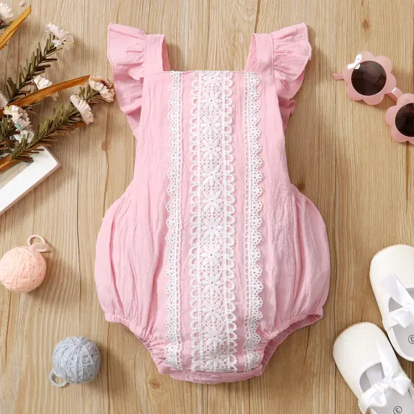 【0M-18M】Sweet Lace Pink Little Flying Sleeve Romper - Popopiestyle.com 