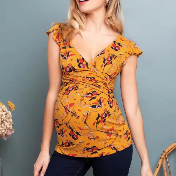 Maternity Fashion Print Deep V Neck Cross Nursing T-shirt - Lukalula.com 