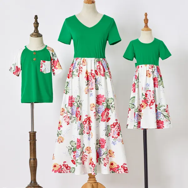 Casual Green Flower Short-sleeved Family Matching Outfits - Lukalula.com 