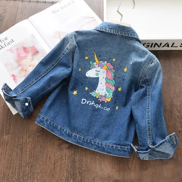 【2Y-9Y】Girls Autumn Unicorn Print Blue Denim Jacket - Lukalula.com 