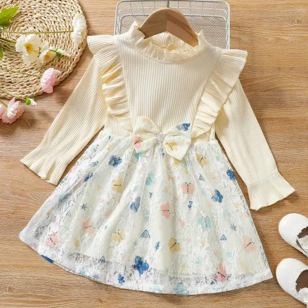 【18M-7Y】Sweet Butterfly Print Beige Long Sleeve Lace Dress - Popopiearab.com 