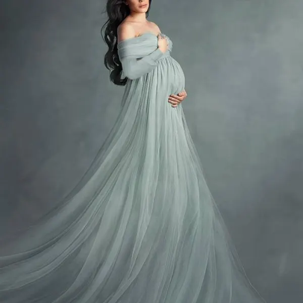 Shop Discounted Maternity Off Shoulder Long Sleeve Full Length Photoshoot Dress Online at Lukalula.com 