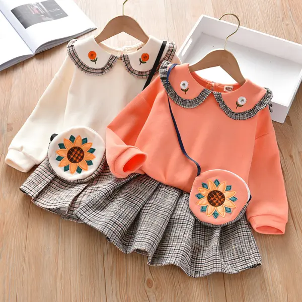 【18M-7Y】Girl 3-piece Doll Collar Sweatshirt And Plaid Pleated Skirt Set With Bag - Popopiearab.com 
