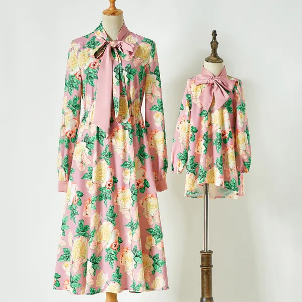 Tie Bowknot Long Sleeve Floral Print Mom Girl Matching Dress - Lukalula.com 