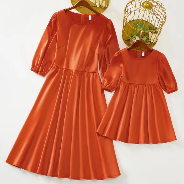 Sweet Orange Satin Round Neck Mom Girl Matching Dress - Popopiearab.com 