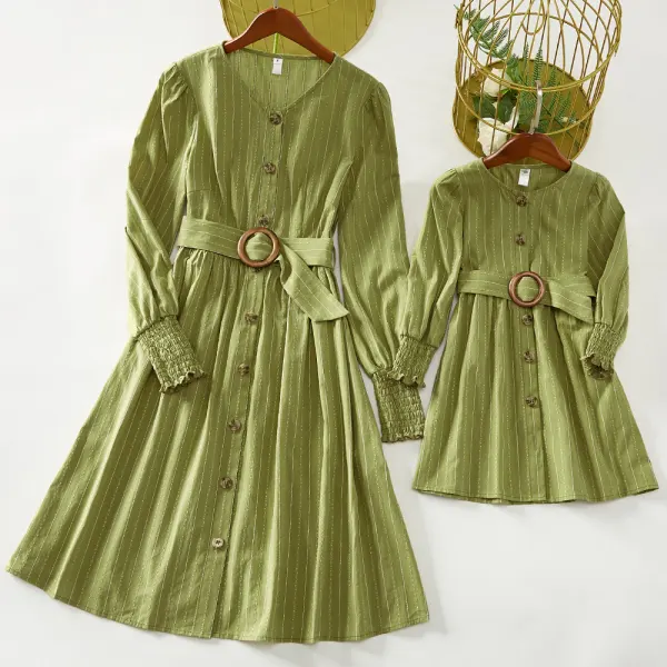 Sweet Green Striped Long Sleeve Mom Girl Dress - Lukalula.com 