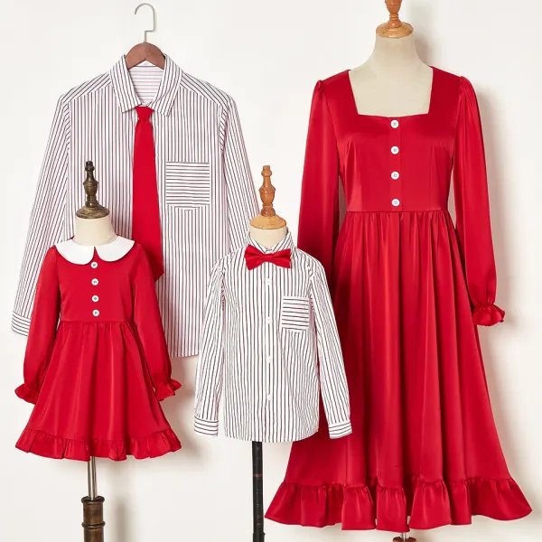 Casual Striped Shirt and Red Dress Family Matching Outfits - Lukalula.com 