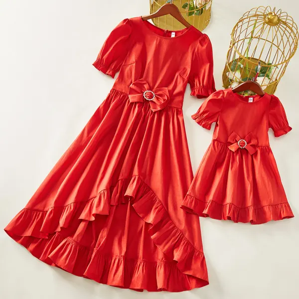 Sweet Butterfly Red Puff Sleeve Mom Girl Matching Dress - Lukalula.com 