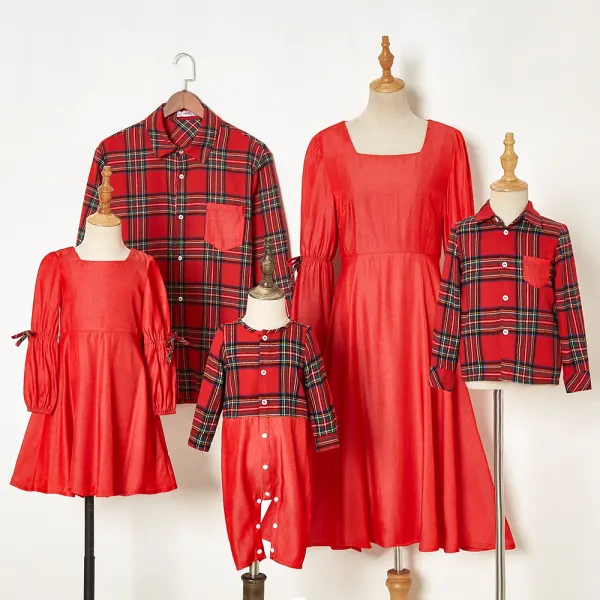 Casual Plaid Shirt and Red Dress Family Matching Outfits - Lukalula.com 