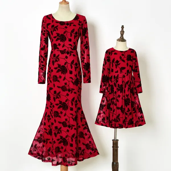 Sweet Red Flower Pattern Long Sleeve Mom Girl Matching Dress - Lukalula.com 