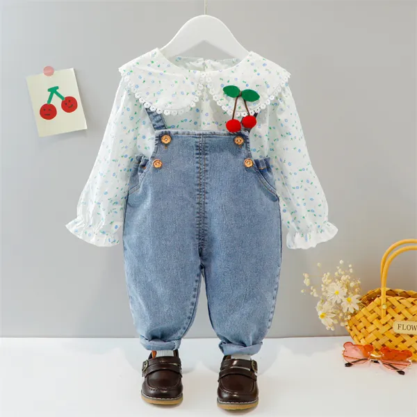 【12M-5Y】Girls Cherry Ditsy Floral Top And Overalls Set - Lukalula.com 