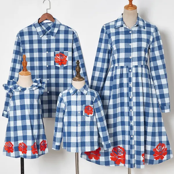 Casual Blue Plaid Flower Print Family Matching Outfits - Lukalula.com 