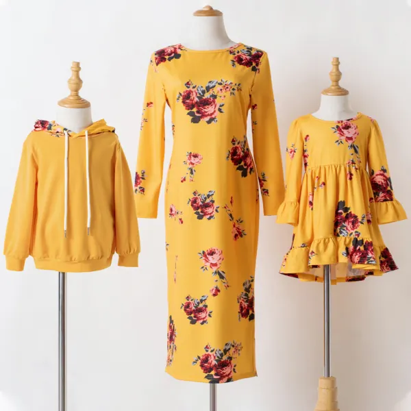 Casual Yellow Flower Long Sleeve Mom Kids Matching Dress And Sweatshirt - Lukalula.com 