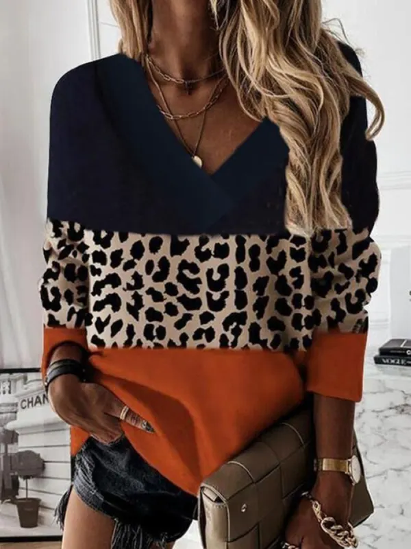 Long Sleeve Casual Printed V Neck T-shirt - Oasisjoy.com 