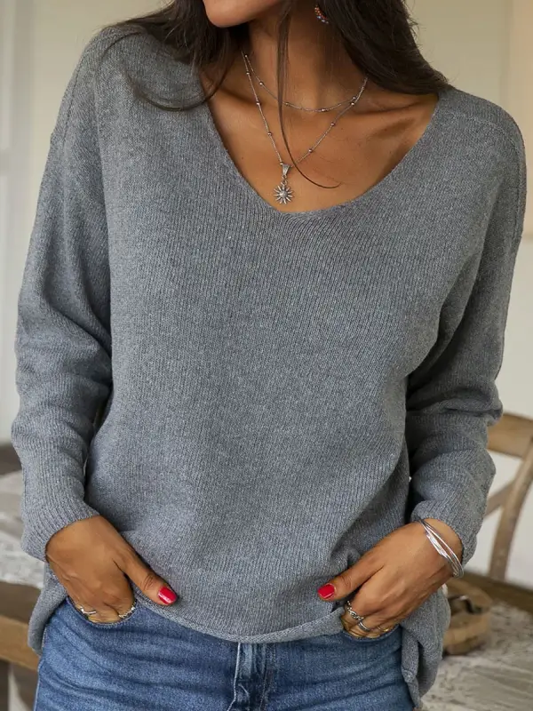 V-neck Solid Color Loose Casual Sweater Pullover - Oasisjoy.com 