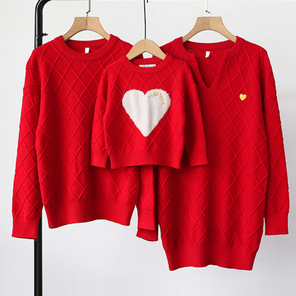 Casual Red Heart-shaped Embroidery Long-sleeved Sweater Family Matching Outfits