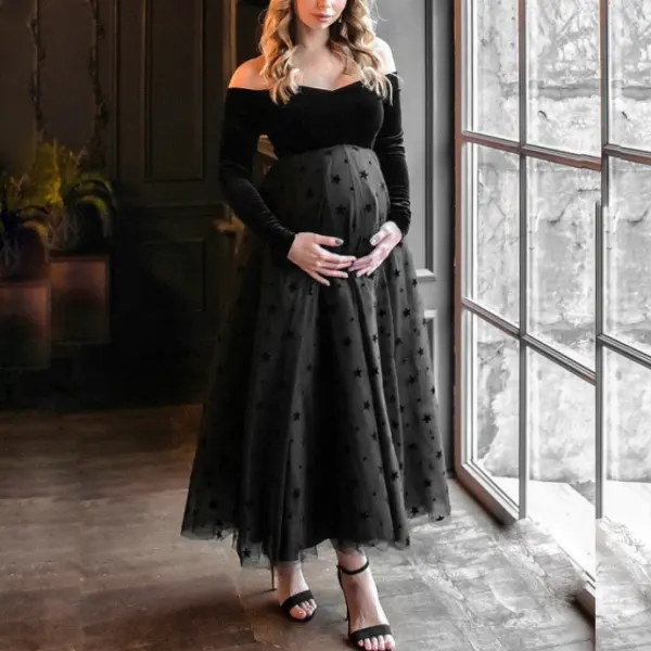 Maternity Velvet Flocking V-neck Photoshoot Dress - Lukalula.com 