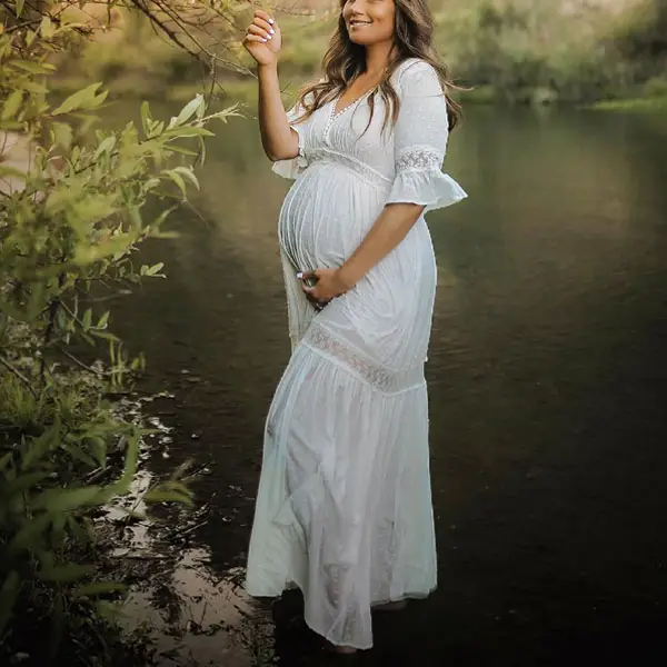 Maternity Vneck White Lace Photoshoot Dress