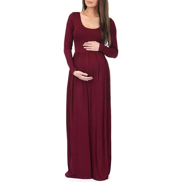 Maternity Round Neck Solid Color Long Sleeve Dress - Lukalula.com 