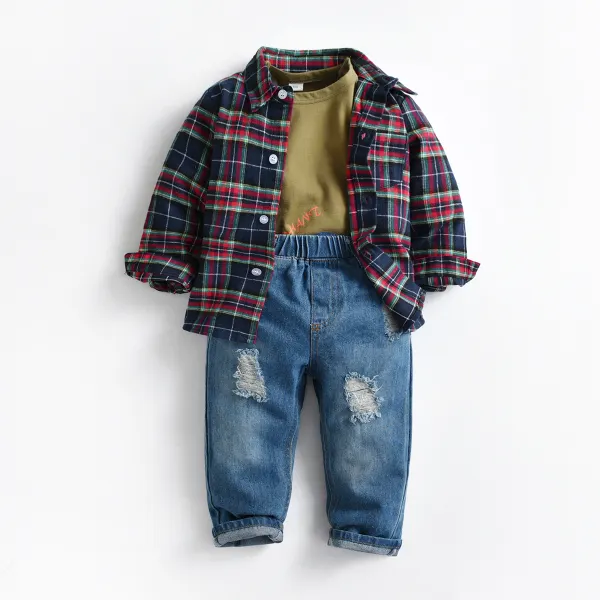【18M-7Y】Boys 3-piece Plaid Long-sleeved Shirt And Short-sleeved T Shirt And Jeans Set - Popopiearab.com 
