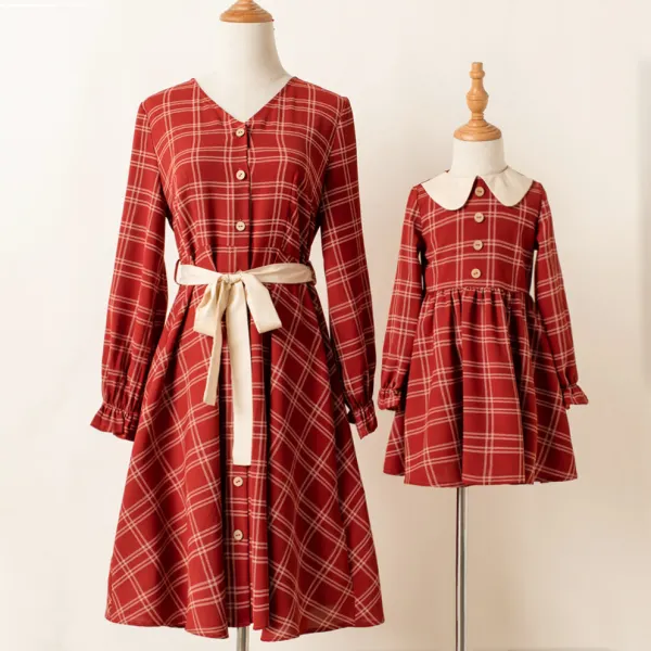 Sweet Brown Plaid Long Sleeve Dress Mom Girl Matching Dress - Popopiearab.com 