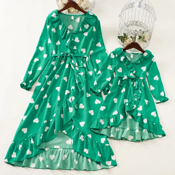 Sweet Heart Shape Print Ruffle Green Dress Mom Girl Matching Dress - Lukalula.com 