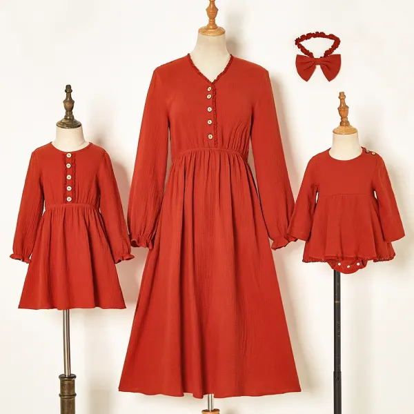 Sweet Orange Red Long Sleeved Dress Mom Girl Matching Dress And Romper - Popopiearab.com 