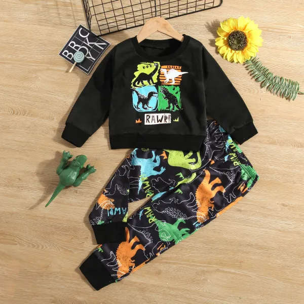 【4Y-13Y】Boys Cute Dinosaur Print Long Sleeve Sweatshirt And Pants Set - Popopiearab.com 