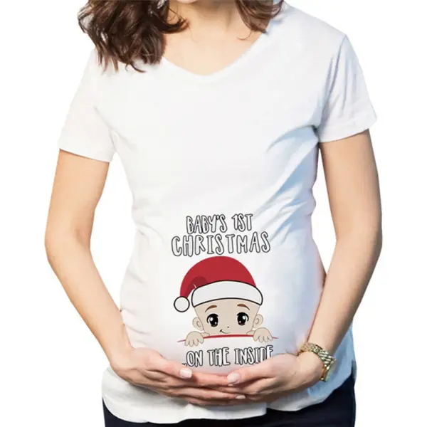 Maternity Round Neck Short-sleeved Christmas Cartoon Print T-shirt - Lukalula.com 