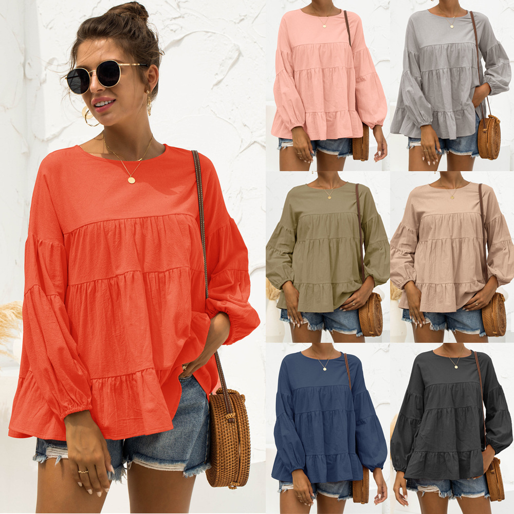 Maternity Solid Color Round Neck Chic Lantern Long-sleeved Loose Top
