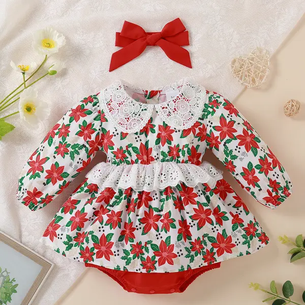 【0M-18M】 2-piece Girl Sweet Red Flower Print Long-sleeved Romper With Headband - Lukalula.com 