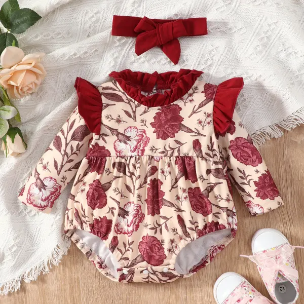 【0M-18M】Baby Girl 2-piece Ruffled Floral Print Splicing Long-sleeve Romper Set - Lukalula.com 
